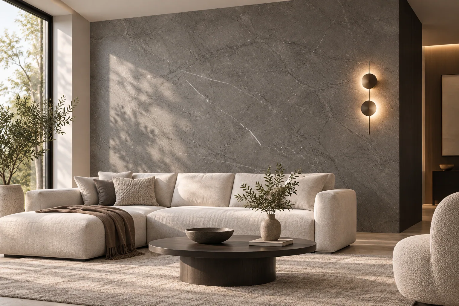 Визуализация интерьера с панелью MM-145B: тёмный камень armani: акцентная стена и правила пропорций